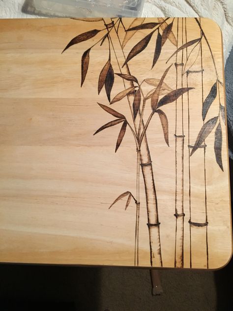 Wood burned bamboo art on TV tray. Wood Burning Table Top Design, Wood Burned Tray, Wood Burn Designs, Bamboo Stalks, Tv Tray, Bamboo Decor, Bamboo Art, Pyrography Art, Bamboo Tree