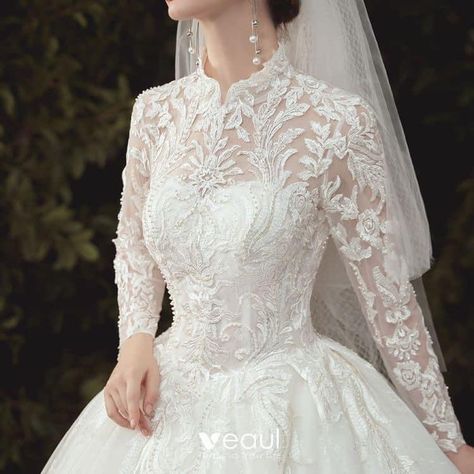 Chinese Style Wedding Dress, Retro Chinese, High Neck Wedding Dress, Lace Beading, Pearl Lace, Cathedral Train, Wedding Dresses 2020, Long Sleeve Wedding Dress Lace, Dream Wedding Ideas Dresses