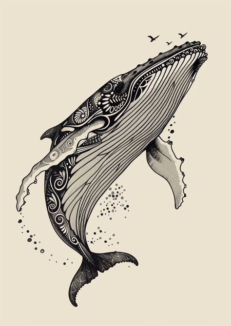 Whale Symbolism, Zentangle Animals Art, Line Mandala, Humpback Whale Tattoo, Whale Sketch, Whale Drawing, Black Tattoo Cover Up, Inspirational Digital Art, Art Deco Paintings