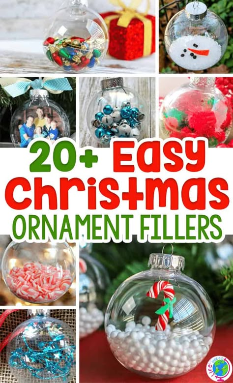 Ideas To Fill Christmas Ornaments, Christmas Ornaments To Make For Grandkids, Making A Christmas Ornament, Inexpensive Christmas Ornaments Diy, Kids Christmas Bulb Crafts, Diy Ordiment Ideas Easy, Christmas Crafts Clear Ornaments, Make And Take Christmas Ornaments, What To Put In Clear Ornaments