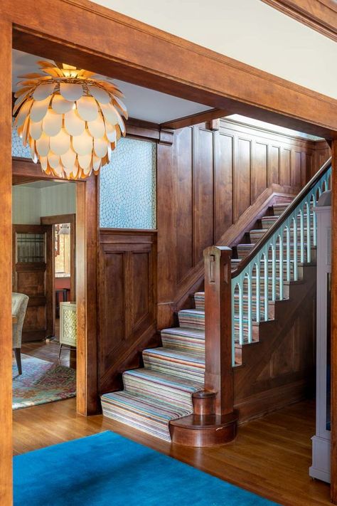 This Seriously Happy House Has Stained Wood Trim Stairs Runners, Stained Wood Trim, Foyer Light, Stained Trim, Prairie Style Houses, Historic Renovation, Carpet Stair Treads, Lighting Plan, Happy House