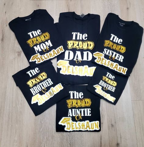 Proud family themed shirt. Custom with your graduates name Choose your school colors to match  Unisex: Gildan Brand 6 oz, 100% cotton preshrunk jersey knit Graduation Tshirt Ideas For Family, Graduation Shirt Ideas For Family, London Graduation, Family Graduation Shirts, Graduation Shirts For Family, Graduation Tshirts, Grad Shirts, Proud Family, Friend Graduation