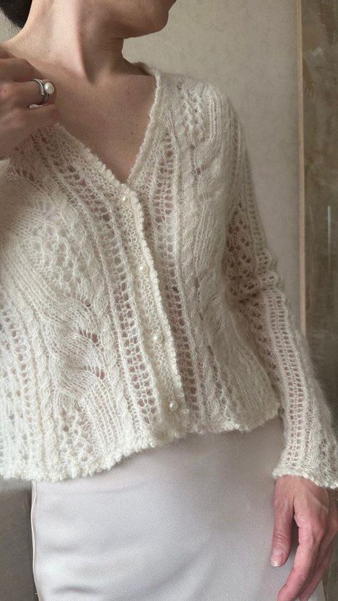 White Cardigan Knitting Pattern, Knitted Lace Cardigan, White Sweater Knit, Knit Eyelet Pattern, Knit Lace Stitches, Crochet Sweaters Women, Lace Knitting Sweater, Knit Lace Cardigan, Hand Knitted Sweaters For Women