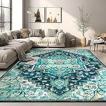 Teal Rug With Black Bedframe, Teal Sofa With Rug, Teal Sofa With Karastan Rug, Colorful Royal Blue Living Room Area Rugs, Navy And Turquoise Rug, Rugs For Teal Living Room, Rugs For Turquoise Sofa, Turquoise Sofa Rug, Turquoise Office Rug