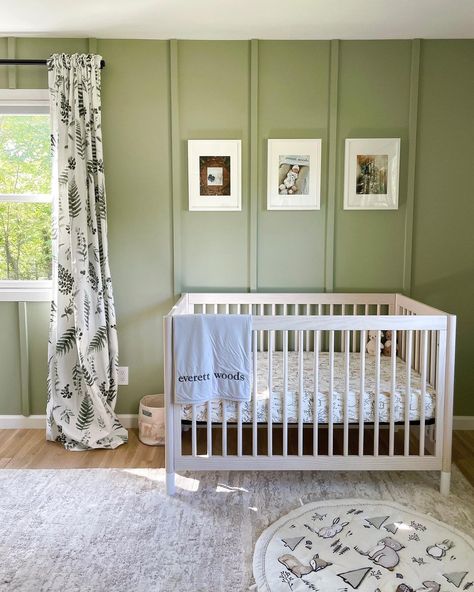 Crib On Window Wall, Gelato Crib, Woodsy Nursery, Green Accent Wall, Nursery Accent Wall, Wall Tree, Green Accent Walls, Modern Crib, Grand Daughter