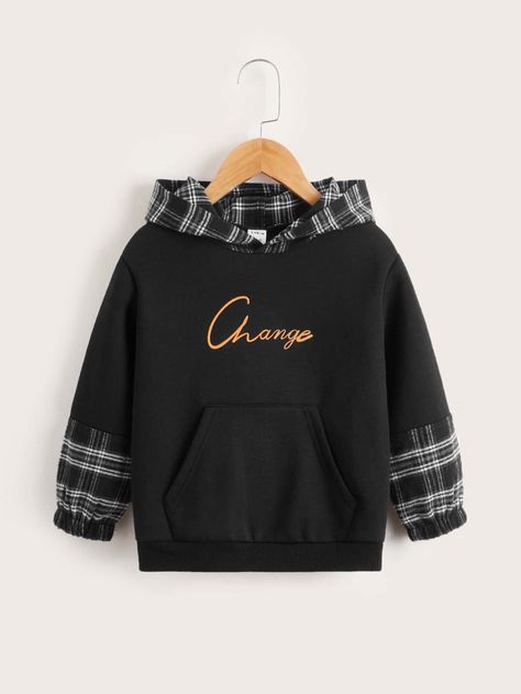 Black Preppy  Long Sleeve Polyester Letter,Plaid Pullovers Embellished Slight Stretch Spring/Fall Toddler Boys Clothing Rework Clothes, Toddler Boys Sweatshirt, Black Preppy, Plaid Pullover, Desi Fashion Casual, Toddler Fall, Boys Plaid, Kangaroo Pocket Hoodie, Pocket Hoodie