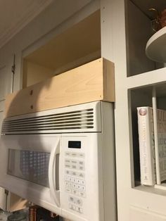 Diy Faux Hood Above Microwave, Small Wall Decor Ideas Kitchen, Replacing Over The Range Microwave With Hood, Faux Range Hood Over Microwave, Above Microwave Ideas, Faux Hood Over Microwave, Range Hood Over Microwave, Hood Above Microwave, Vent Hood Over Microwave