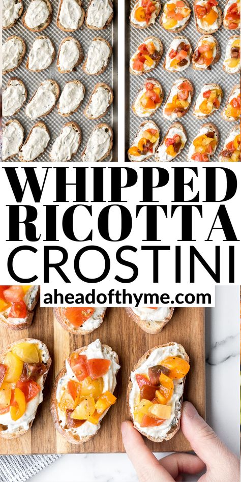 Bruchetta Appetizers Ricotta, Baguette Side Dish, Toppings For Baguettes, Whipped Ricotta Bruschetta, Fancy Crostini, Baguette Toppings, Baquettes Toppings, Ricotta Crostini Appetizers, Whipped Ricotta Crostini