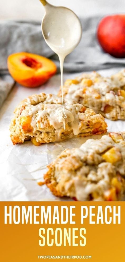 Peach Scones- fluffy, buttery scones dotted with fresh peaches and finished with a sweet honey vanilla glaze. These homemade scones are going to become your new favorite breakfast treat. Peach Cobbler Scones, Peach And Honey Recipes, Baking Recipes Peaches, Fresh Peach Scones Recipe, Nectarine Scones Recipe, Peach Scones Recipe Homemade, Sourdough Discard Peach Scones, Fresh Peach Scones, Peach Pie Scones