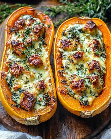 Stuffed Butternut Squash with Spinach & Cheese Butternut Squash Potato Recipes, Butternut Dinner Ideas, Butternut Squash Recipes Stuffed, Stuff Butternut Squash Recipes, Holiday Butternut Squash Recipes, Spinach Stuffed Squash, Butternut Squash Spinach Recipes, Butternut Squash And Potato Recipes, Side Dishes For Thanksgiving Dinner Easy