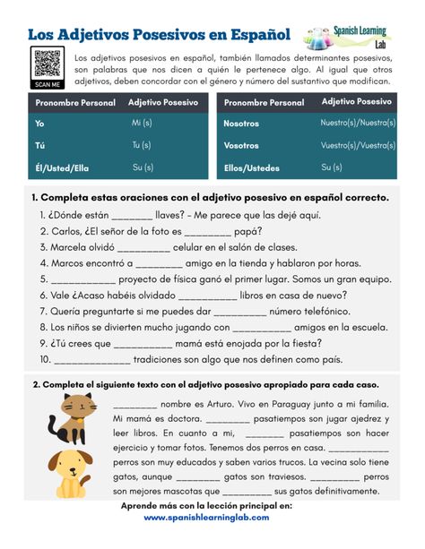 Possessive Adjectives Spanish, Adjectives In Spanish, Multiplying Fractions Word Problems, Leadership Training Activities, Spanish Exercises, Third Grade Worksheets, Fraction Word Problems, Spanish Classroom Activities, Possessive Adjectives