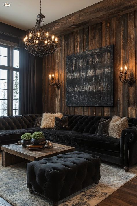 29 Rustic Modern Living Room Ideas to Bring a Fresh Twist to Country Charm 13 Rustic Glam Interior, Dark Farmhouse Decor Living Room, Moody Rustic Living Room, Western Gothic Living Room, Black Rustic Living Room, Dark Farmhouse Living Room, Dark Rustic Home, Modern Rustic Interior Design, Moody Western