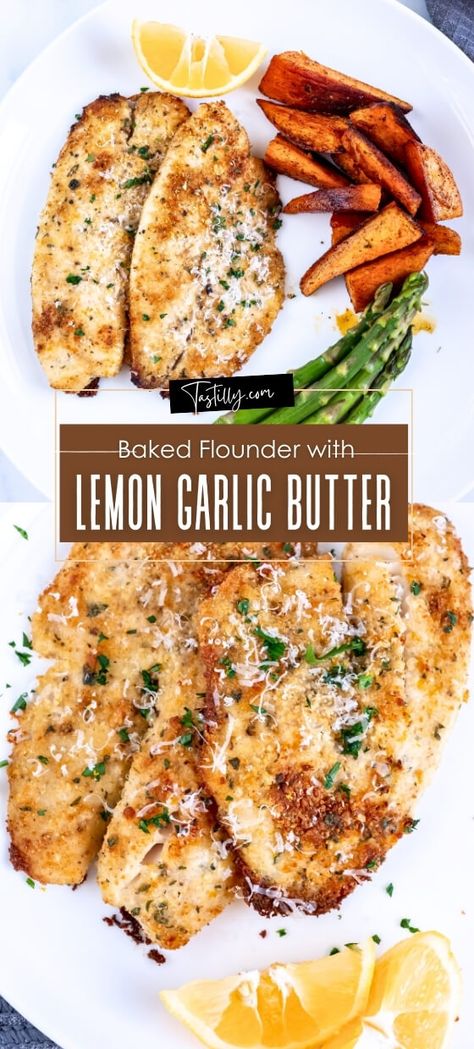 Baked Flounder Recipe with Lemon Garlic Butter - Tastilly Baked Stuffed Flounder Recipes, Garlic Parmesan Flounder, Flounder Fillet Recipes Air Fryer, Bake Flounder Recipes Oven, Baked Flounder Fillet Recipes, Baked Flounder Oven, Air Fryer Flounder Recipes, Flounder Francaise Recipe, Baked Flounder Recipes