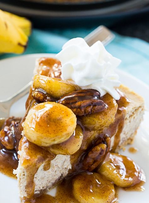 Bananas Foster Cheesecake has a vanilla wafer crust, a creamy banana and rum-flavored filling topped with a bananas foster mixture. Bananas Foster Cheesecake, Banana Foster Cheesecake, Vanilla Wafer Cake, Mardi Gras Recipes, Mardi Gras Desserts, Banana Foster, Vanilla Wafer Crust, Spicy Southern Kitchen, Vanilla Wafer