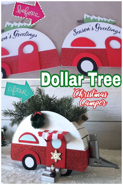 Easy Dollar Tree Christmas Hack! Turn  Dollar Tree red camper signs into a 3D Christmas red camper Camper Christmas Ornaments Diy, Camper Crafts, Dollar Tree Christmas Diy, Christmas Dollar Tree, Camping Ornaments, Camper Christmas, Christmas Camper, Dollar Tree Diy Christmas, Dollar Tree Gifts