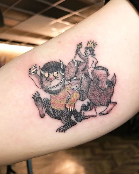 TATTOO ARTIST on Instagram: ““Where the wild things are” di Maurice Sendak 6x6 cm #illustration #illustrationtattoo #tattoo #neotraditional #love #smalltattoo…” Tattoo Where The Wild Things Are, Where The Wolf Things Are Tattoo, Where The Wild Things Are Tattoos, Wild Things Tattoo, Where The Wild Things Are Tattoo, The Thing Tattoo, Where The Wild Things Are, Illustrated Tattoo, Wild Things Are Tattoo