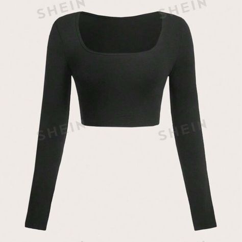 Let Me Know If You Want A Try On! Tight Crop Top, Black Long Sleeve Crop Top, Square Neck Long Sleeve, Cropped Long Sleeve Top, School Clothes, Hack Tool, Shein Tops, Back To School Outfits, Black Crop Tops