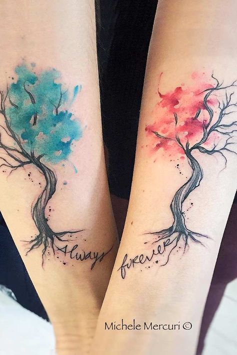 Watercolor Couple Tattoo With Trees #treetattoo #watercolortattoo Devotion Tattoo, Element Tattoo, Couple Tattoos Love, Best Couple Tattoos, Tattoos Meaningful, Matching Best Friend Tattoos, Cute Couple Tattoos, Tattoos Infinity, Bestie Tattoo