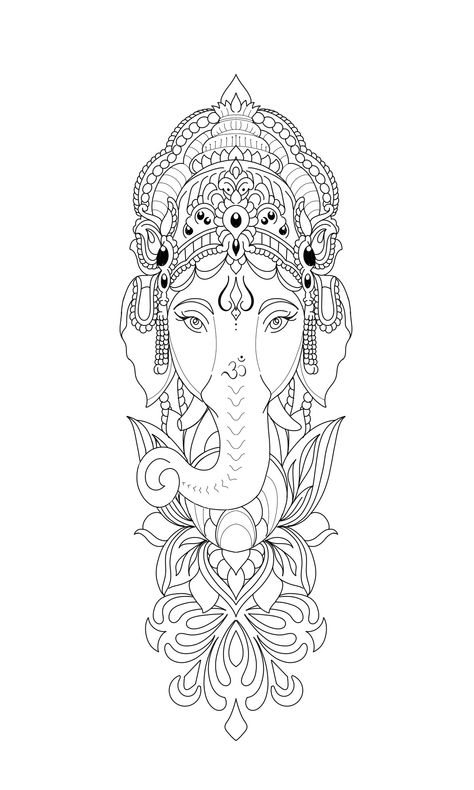 Ganesh Mandala Tattoo, India Elephant Tattoo, Ganesh Elephant Tattoo, Buddha Theme Tattoo, Feminine Tattoo Sleeves Spiritual, Elephant Tattoos Stencil, Elephant Tattoos Design, Bhudha Tattoo Designs, Ganesh Stencil