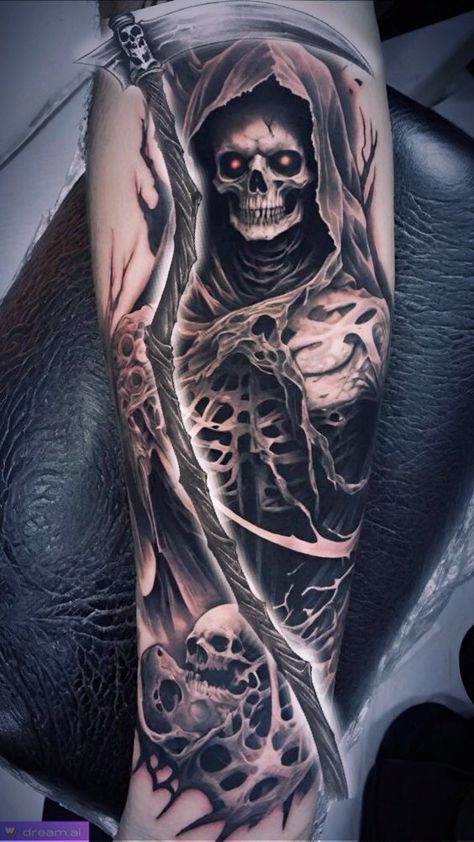 Santa Muerte Drawing Tattoo, Cholo Tattoo, Painless Tattoo, Evil Skull Tattoo, Skull Art Tattoo, Grim Reaper Tattoo, Reaper Tattoo, Skull Sleeve Tattoos, Skull Sleeve