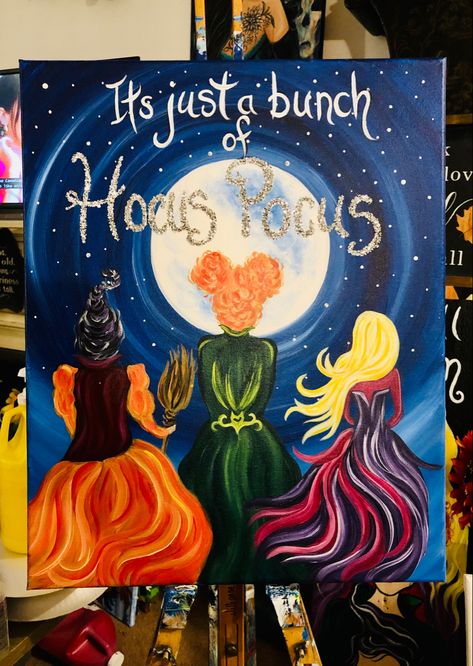 Canvas art by Jillianne Renee of Happy Daisy Art Studio Hocus Pocus Canvas Painting, Halloween Canvas Art, Happy Daisy, Daisy Art, Halloween Painting, Canvas Ideas, Paint And Sip, Autumn Painting, Hocus Pocus