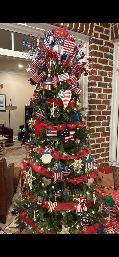 America Theme Christmas Tree, Fourth Of July Christmas Tree, Red White Blue Christmas Tree, Red White And Blue Christmas Tree, Patriotic Christmas Tree, American Legion Auxiliary, America Theme, Christmas Tree Inspo, Navy Christmas