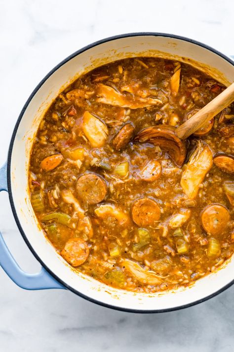 This turkey rice soup is a hearty meal with Andouille sausage and Cajun flavor. It's a low carb gumbo you can make with leftover turkey! Cajun Turkey Soup, Turkey And Sausage Gumbo, Best Roasted Veggies, Low Carb Gumbo, Chicken And Andouille Sausage Gumbo, Chicken Gumbo Soup Sloppy Joes, Shrimp And Brown Rice, Chicken And Sausage Gumbo Easy, Chicken And Smoked Sausage Gumbo