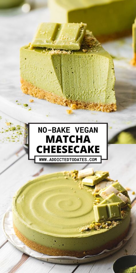 matcha cheesecake on a marble counter. Matcha Pistachio Cake, Matcha Cheesecake Recipe, Cake No Bake, Creamy Matcha, Buttery Cookie, Matcha Cheesecake, Cheesecake Vegan, Matcha Dessert, Matcha Cookies