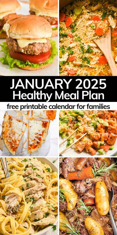 Get your free printable January meal plan calendar to create a month's worth of easy family dinners. Kid-friendly, delicious meals your family will love! Monthly Meal Planning Healthy, How To Meal Plan For The Week Families, Meal Planning For The Week Family, Month Of Meals Families, Easy Family Dinners Gluten Free, Weekly Budget Meal Plan Families, Week Food Plan Healthy, Healthy Meal Planning For Family, One Week Family Meal Plan