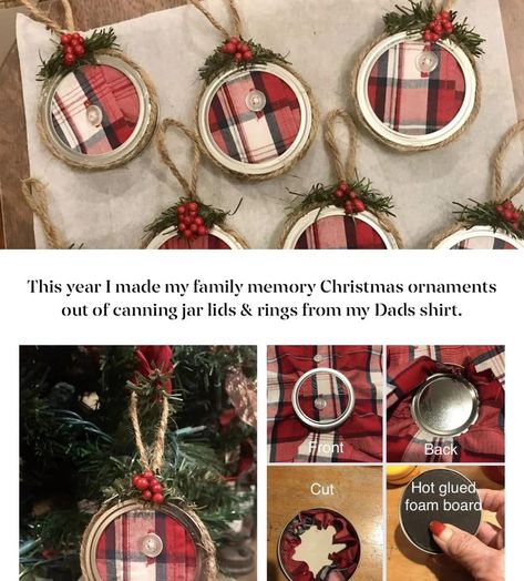 LOVE THIS! ❤ Credit: Pam Ramsey Wirges - One Little Project Diy Shirt Ornament Keepsake, Diy Memorial Ornaments, Memory Ornaments, Memory Items, Memory Ideas, Memory Gifts, Canning Jar Lids, Homemade Ideas, Canning Lids