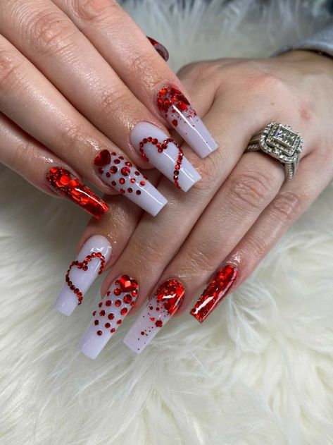 Valentines Rhinestone Nails, Valentines Day Nails Rinstone, Birthday Valentines Nails, Valentines Day Nails Rhinestone, V Day Nails Valentines, Bling Valentines Nails, Valentine’s Day Nail Designs, February Birthday Nails, Valentine Nails Red