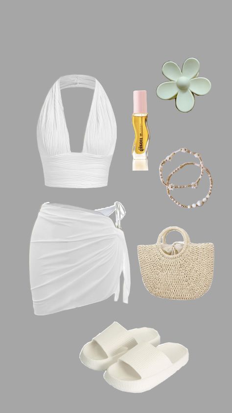 #summer #beach #holidays #vacation #beachday #ocean #white #lipoil #clawclip #outfit #outfitinspo Pool Date Outfit, Classy Holiday Outfits Summer, Cruise Essentials For Women, Outfits For Cruise Caribbean, Beach Date Night Outfit, Vacation Outfits Cancun, Beach Picnic Outfit, Outfits For Greece, Elegant Beach Outfit