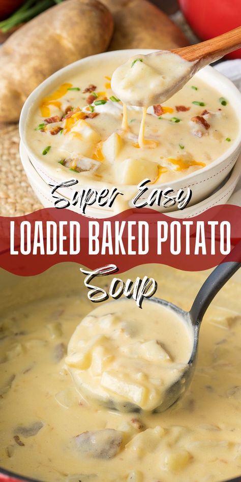 This Loaded Baked Potato Soup is a warm and comforting soup that is quickly made in less than 30 minutes! Bake Mac, Quick And Easy Comfort Food, Loaded Baked Potato Soup Recipe, Soup Potato, Baked Potato Soup Recipe, Moose Lodge, Homemade Cookbook, Comforting Soup, Family Dishes