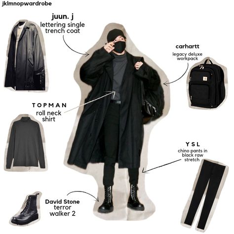 Jungkook | bts | ootd | outfit | airport fashion | black | ysl pants | carhartt workpack | topman roll neck | david stone terror walker 2 | juun. j trench coat | kpop | boy group Jungkook Outfit 2022, Jungkook Trench Coat, Jungkook Style 2022, Jungkook Airport Outfit, Jungkook Airport Fashion 2022, Dark Academia Techwear, Jungkook Style Black, Jungkook Outfit Ideas, Jungkook Core Outfit