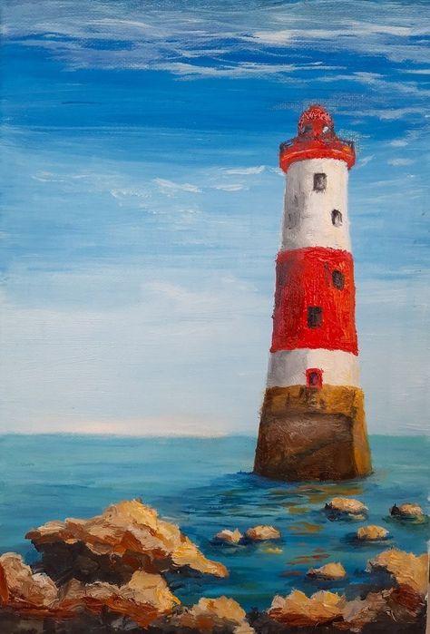 Easy Detailed Paintings, Oil Pastel Famous Art, Lighthouse Oil Pastel, Simple Painting Landscape, Nature Pastel Art, Painting Ideas On Canvas Landscapes Easy, Paint With Oil Pastels, Canvas Painting Inspo Aesthetic, Light House Paintings