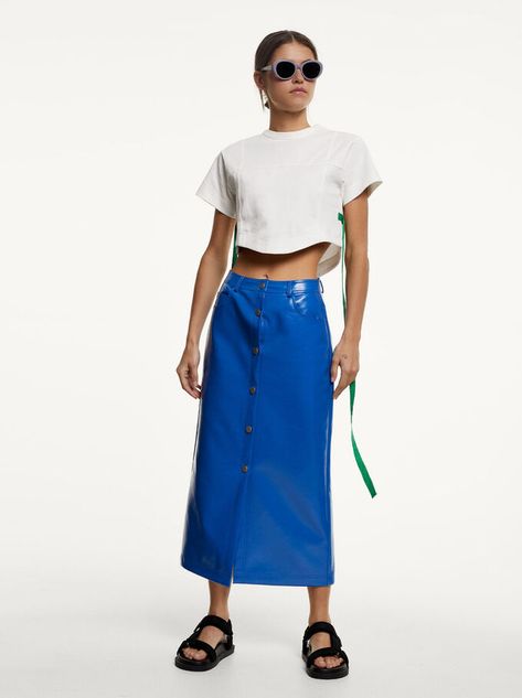 Midi Skirt Blue, Faux Leather Midi Skirt, Leather Midi Skirt, The Lion, High Waisted Skirt, Midi Skirt, Lion, Latest Trends, Faux Leather