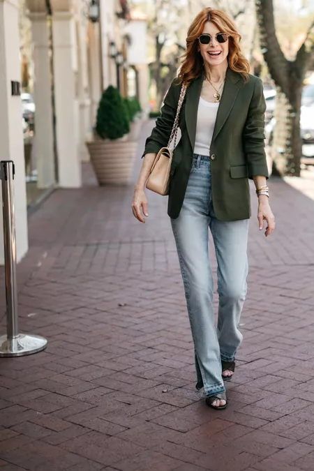 Olive Blazer Outfit, Olive Green Blazer Outfit, Khaki Blazer Outfit, Blazer And Jeans Outfit, Khaki Green Blazer, Green Blazer Outfit, Olive Blazer, Blazer And Jeans, Olive Clothing