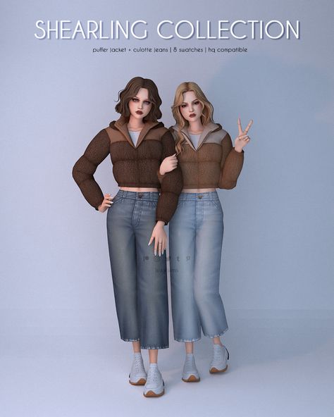 Puffer Jacket + Cullote Jeans - Shearling Collection | Patreon Sims 4 Cc Casual Clothes, Sims4 Build, Clothes Cc, Sims 4 Cas Mods, Sims Packs, Cc Clothes, Winter Outfits Aesthetic, Sims 4 Dresses, Sims 4 Mm