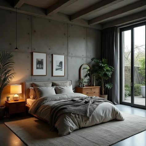 Black bedroom designs with rustic concrete with a touch of natural look. Designed by us... #interiordesign #interiordesignkenya🔥 #instagram Concrete Ceiling Bedroom, Cement Bedroom Interior Design, Concrete Room Aesthetic, Concrete Bedroom Design, Cement Bedroom, Minimalist Industrial Interior Design, Brutalist Bedroom, Concrete Walls Interior, Industrial Modern Bedroom