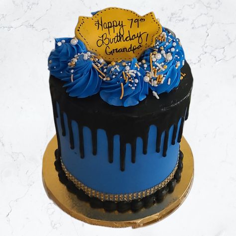 Black And Blue Birthday Cake, 79th Birthday Cake, Blue And Black Birthday, Birthday Cake Gold, Black Birthday Cake, Blue Birthday Cake, Gold Fondant, Cake For Men, Blue Birthday Cakes