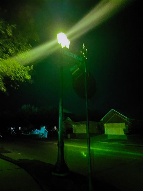 Halloween Green Aesthetic, Green Night Aesthetic, Grunge Halloween Aesthetic, Romantic Homocide, Green Halloween Aesthetic, Green Grunge Aesthetic, Night Streetlight, Green Hour, Green Traffic Light