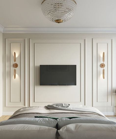 Tv Paneling Design Modern, Modern Wall Panelling Design Interiors, Waincosting Bedroom, Headboard Wall Panelling, Tv Molding Wall, Wall Paneling Tv Wall Ideas, Moulding Tv Wall, Wall Moulding Tv, Bedroom With Molding On Walls