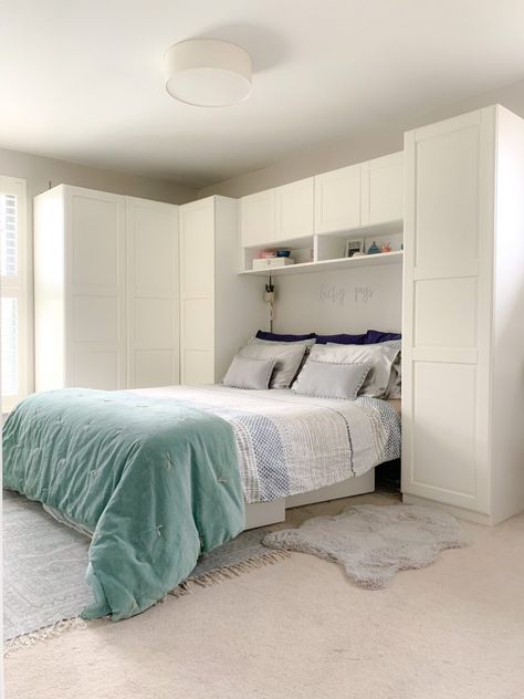 Small Room With Closet And Bed, Pax Wardrobe Beside Bed, Pax Wardrobe Over Bed, Bedroom Ideas With Built In Wardrobes Around Bed, Storage For Small Master Bedrooms, Wardrobe Around Bed Ikea, Bedroom Storage Ikea, Over Bed Storage Ikea, Ikea Pax Wardrobe Over Bed