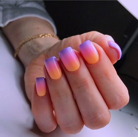 Orange pink and purple ombre nails Shellac Nail Polish Colors, Purple And Pink Nails, Orange Ombre Nails, Purple Ombre Nails, Hand Nails, Sunset Nails, Orange Nail Designs, Unghie Sfumate, Nails Yellow