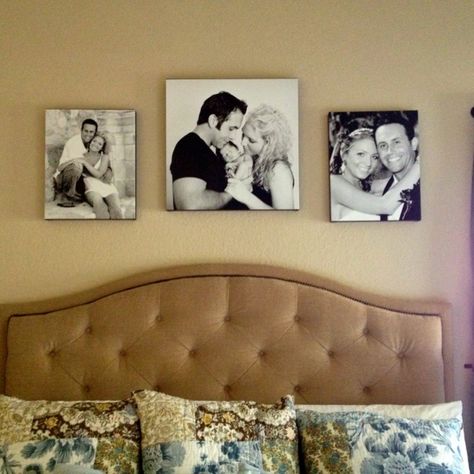 Photo canvas of the three most important times in our life...engagement, wedding, baby Canvas Pictures Above Bed, Wedding Photos Over Bed, Bedroom Photo Wall Ideas Above Bed, Decor Wall Bedroom, Photos Above Bed, Pictures Over Bed, Above Bed Pictures, Canvas Above Bed, Pictures Above Bed