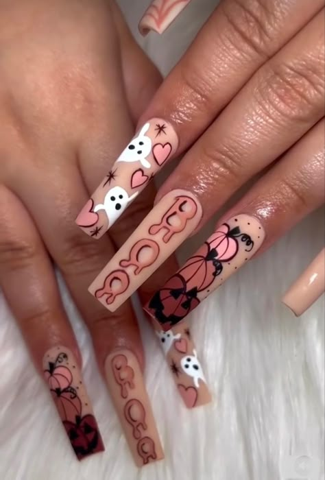 Hand Big Tattoo, Bart Simpson Nail Art, Complex Acrylic Nail Designs, 90 Concert Outfit, Halloween Birthday Nail Designs, October Birthday Nails Acrylic, Halloween Nails Xl, Pink Fall Acrylic Nails, Fall Character Nails