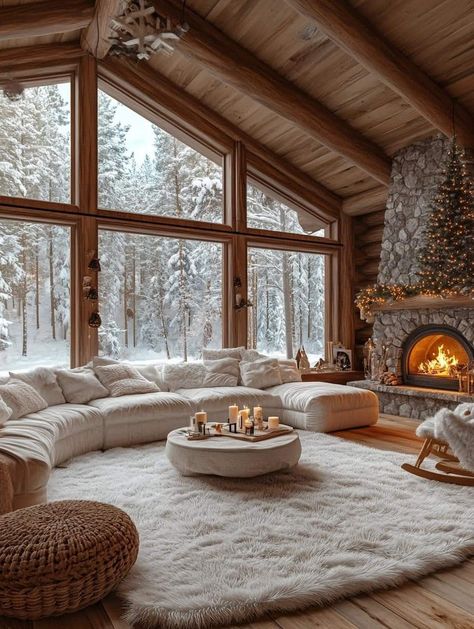 Dream Scapes, Country Cottage Farmhouse, High Ceiling Living Room, Log Cabin Ideas, Chalet Interior, Winter Whites, House Arch Design, Fantasy House, Cottage Farmhouse