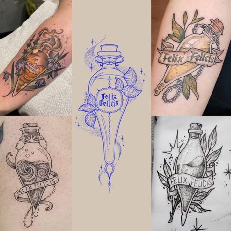 collage of 5 of my favorite Harry Potter luck potion tattoos Luck Potion Harry Potter, Harry Potter Liquid Luck Tattoo, Harry Potter Felix Felicis Tattoo, Harry Potter Potion Tattoo, Liquid Luck Tattoo, Harry Potter Flash Tattoo, Felix Felicis Tattoo, Potion Tattoo, Luck Potion