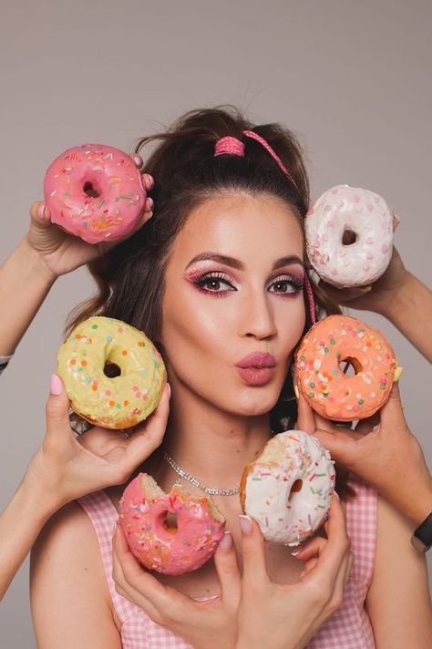 Photoshoot With Cookies, Candy Store Photoshoot, Donut Photoshoot, Bakery Photoshoot, Sweet Photoshoot, Candy Photoshoot, Making Donuts, Cute Bakery, Blue Donuts