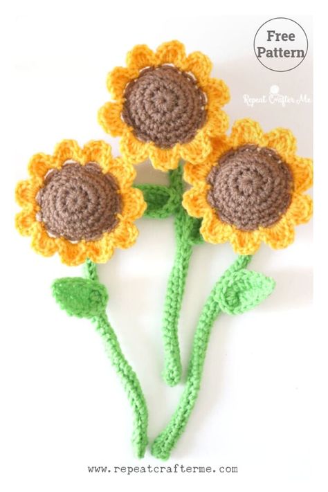 8 Sunflower Bouquet Free Crochet Pattern and Paid Sunflower Decorations, Repeat Crafter Me, Crochet Heart Pattern, Easy Crochet Projects, Crochet Plant, Crochet Butterfly, Crochet Sunflower, Sunflower Pattern, Crochet Books